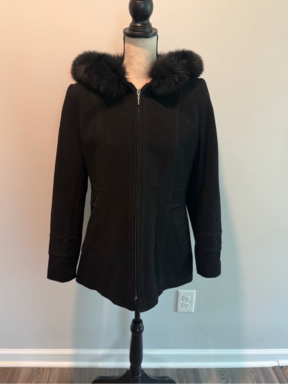 Sachi Collection Genuine Fox Fur Trim Wool Cashmere Black Coat size Medium